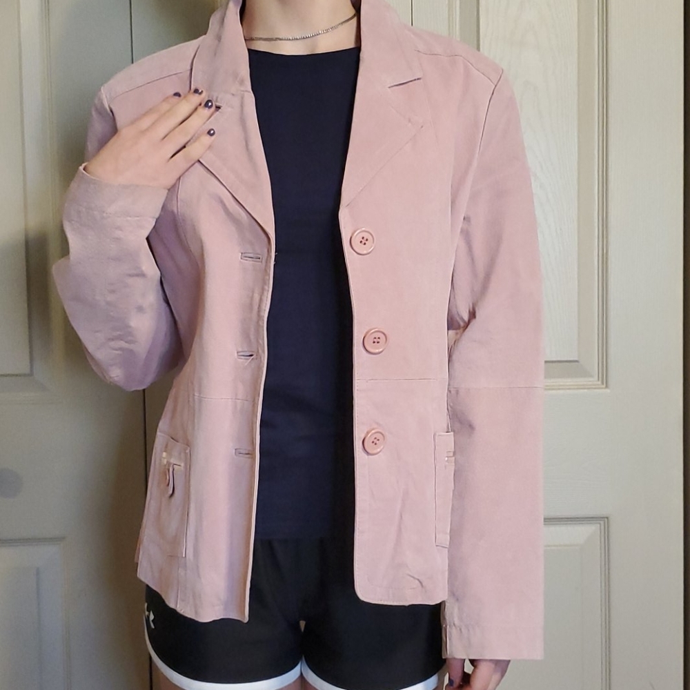 Pale pink suede leather jacket.